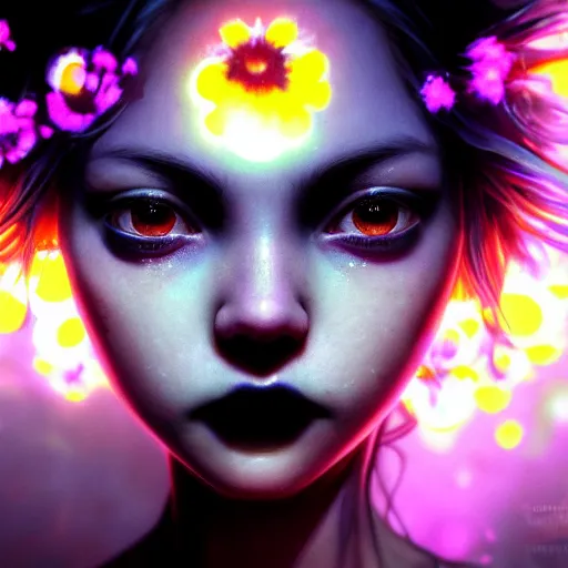 Image similar to terrifying closeup portrait of a beautiful carefree goth girl in tanktop covered in glowing flowers, by katsuhiro otomo, yoshitaka amano, nico tanigawa, artgerm, greg rutkowski makoto shinkai takashi takeuchi rendered with intense 3 d effect reflective shadowing, cinematic lighting, hyperrealistic illustration uhd 8 k