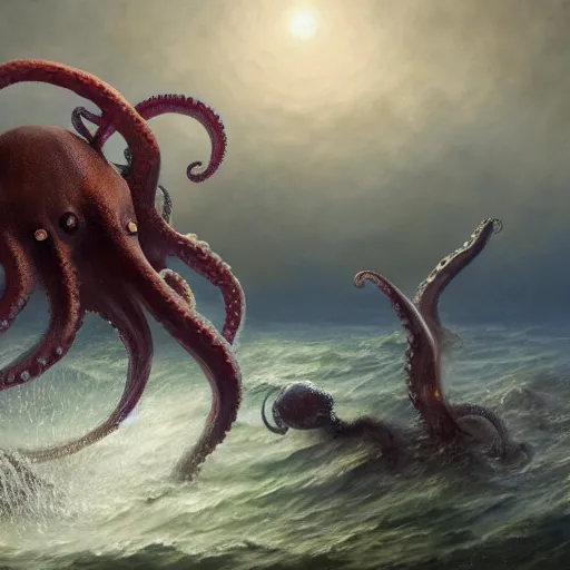 Image similar to a dream fantasy painting of a octopus attack a man in the deep of the ocean, by beksinki, antonio j. manzanedo, greg rutkowski, carne griffith trending on artstation, deviantart, photorealism, detailed, 8 k