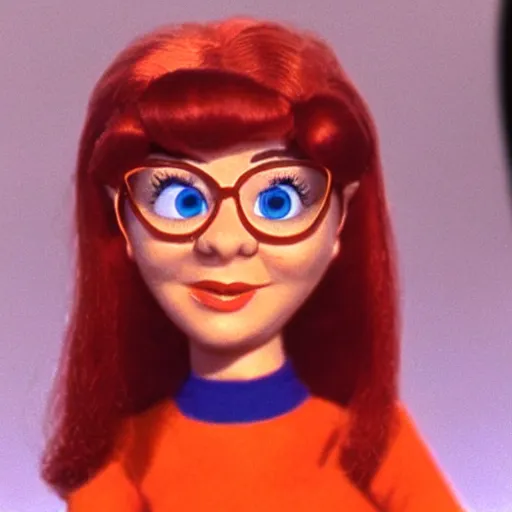 Prompt: still of velma from a rankin bass stop motion animation