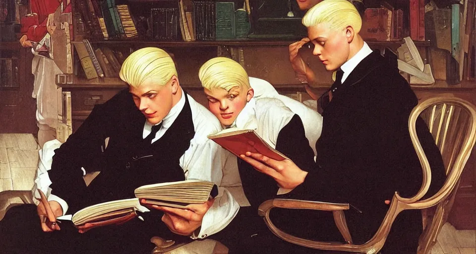 Image similar to A painting of a pale strong muscular gentleman reading a book to his blond male beloved, with beautiful long platinum blond hair, by Leyendecker and Norman Rockwell