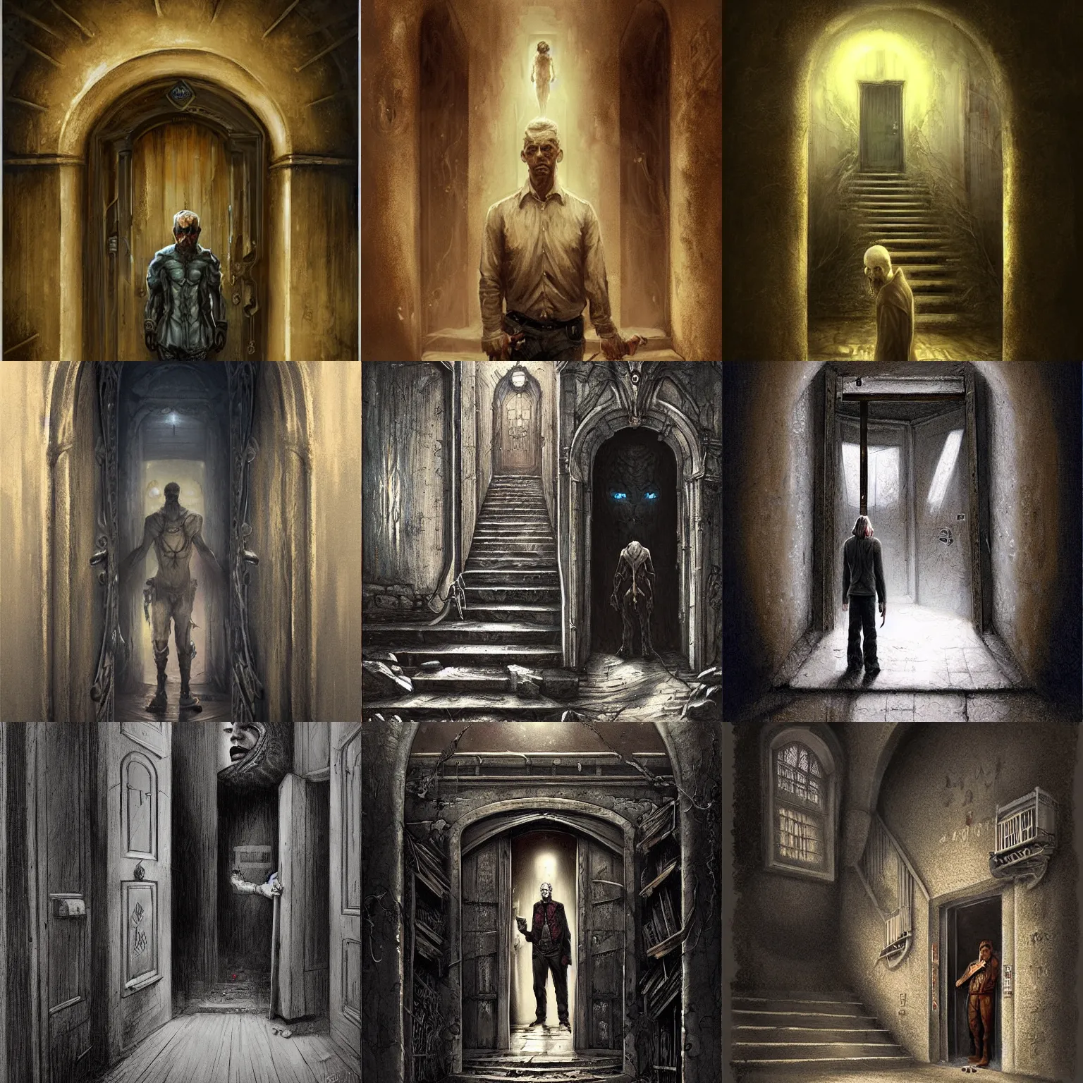 Prompt: a man standing in front of a doorway with a staircase leading to it, poster art by seb mckinnon, behance contest winner, fantasy art, poster art, official art, movie poster