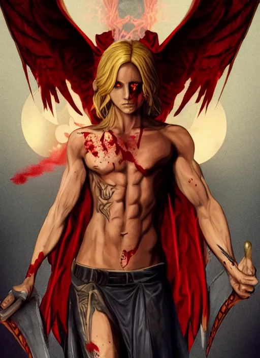 Prompt: Buffy the vampire slayer character angel as a half-muscular half-blood angel with a big cross pendant and religious tattoos on chest and neck, stained and bleeding, magic overlays, magic flames, open portal with runes in the background, romance book cover style, D&D illustration style, (octane render) fantasy style, sharp focus, ultra detailed, art by Artgerm and Peter Andrew Jones, Ayami Kojima, Amano and Olivier Ledroit