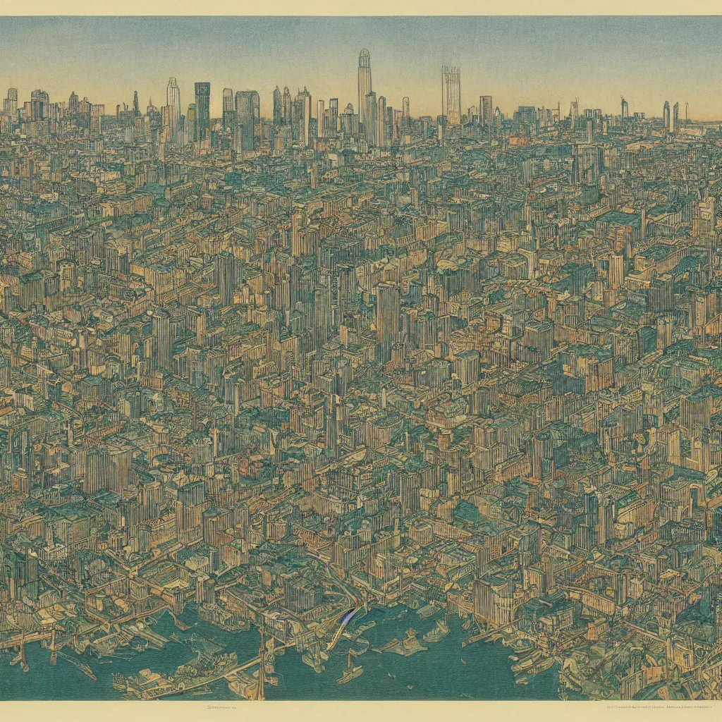 Prompt: highly detailed illustration of the milwaukee skyline, by edmund dulac and android jones, scans from museum collection
