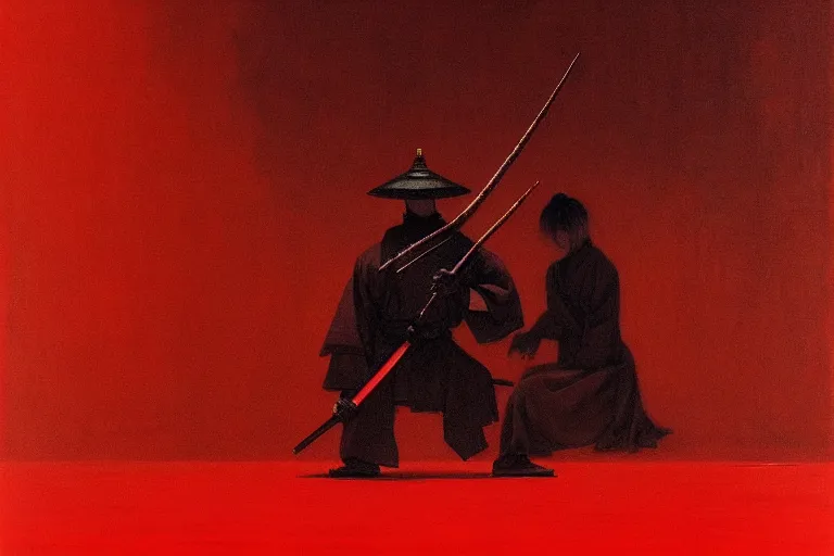 Image similar to only with red, a red samurai harakiri, tokio, a lot of frogs watch, in the style of beksinski, parts by edward hopper, parts by rodcenko, parts by yue minjun, intricate and epic composition, red by caravaggio, insanely quality, highly detailed, masterpiece, red light, artstation, 4 k