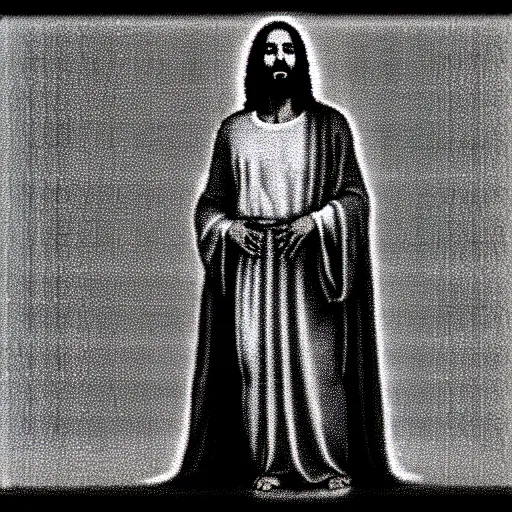 Prompt: vhs static overlay of jesus apparition, vhs, 1 9 9 0, highly realistic, highly detailed, vhs noise static, black and white, vhs glitch