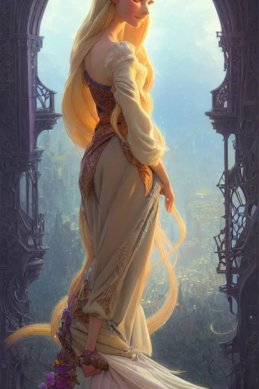 Image similar to Rapunzel, fantasy, intricate, elegant, highly detailed, digital painting, artstation, concept art, matte, sharp focus, illustration, art by Artgerm and Greg Rutkowski and Alphonse Mucha