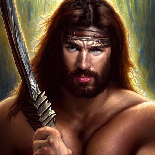 Prompt: portrait of Chris Evans as a shirtless Conan the barbarian, Blizzard, World of Warcraft, by artgerm and greg rutkowski and alphonse mucha and andrei riabovitchev, 4k oil on linen, vivid colors, colorful, high dynamic range, HDR, intricate, elegant, highly detailed, digital painting, artstation, concept art, smooth, sharp focus, illustration