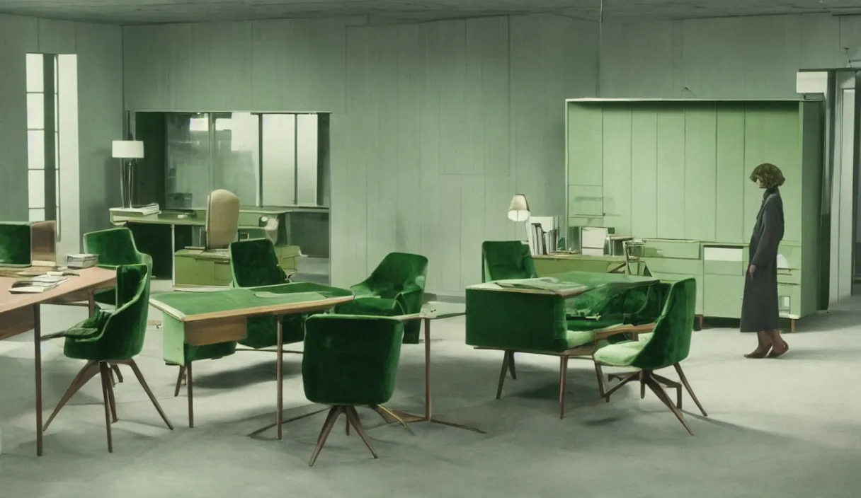 Image similar to a still of severance series indoor 7 0 s green velvet and wood with metal furniture office scenario appearing in a film of jacques tati