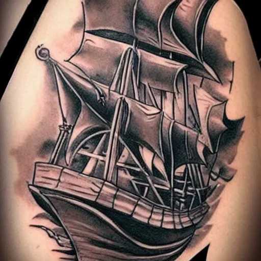 Image similar to A pirate ship tattoo design in the design of Dmitriy Samohin