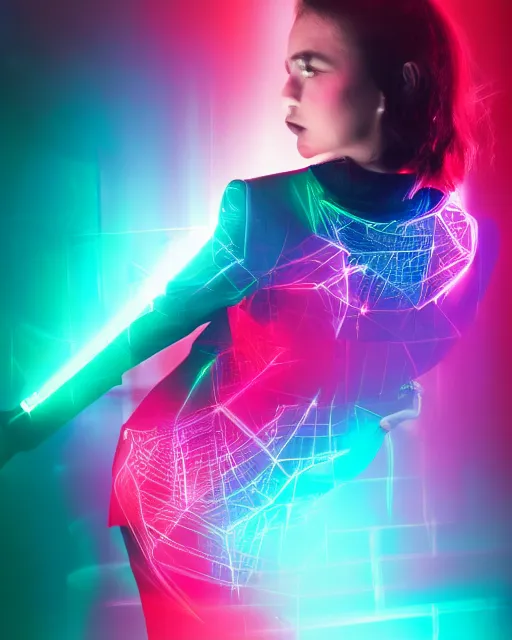 Prompt: dramatic cyberpunk portrait of a woman in a suit, crystalline, red glow, green glow, blue glow, atmospheric haze, intense shading, optic ripple, backlit, bokeh, centered