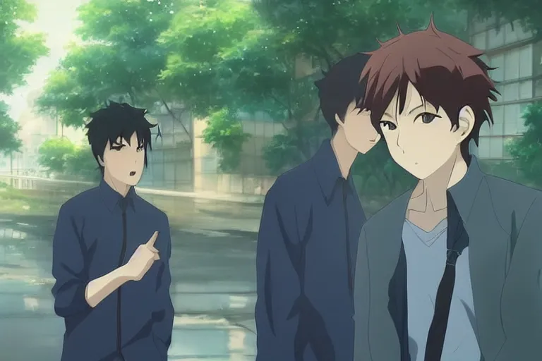 Image similar to Two anime handsome guys, Makoto Shinkai, rainy day