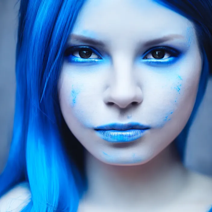 Prompt: photograph of a beautiful! woman with blue skin!!!!!!!!!!. extremely detailed. dslr. 5 0 mm.