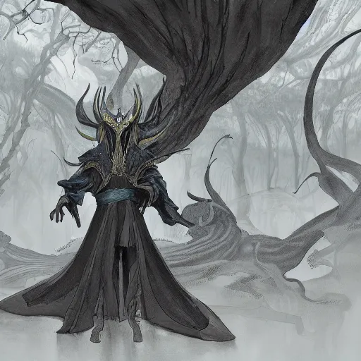 Image similar to concept art painting of an anthropomorphic dragon king with black robes, a long neck, and skull mask, in a deep forest, cel shaded, in the style of makoto shinkai and james gurney and studio ghibli and moebius