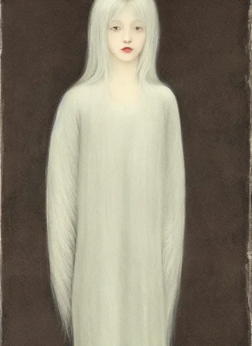 Image similar to thin young beautiful angel with silver hair so long, pale!, wearing silver hair, silver angel wings, young adorable korean face, silver hair!!, oil on canvas, style of fernand khnopff, 4 k resolution, aesthetic!,