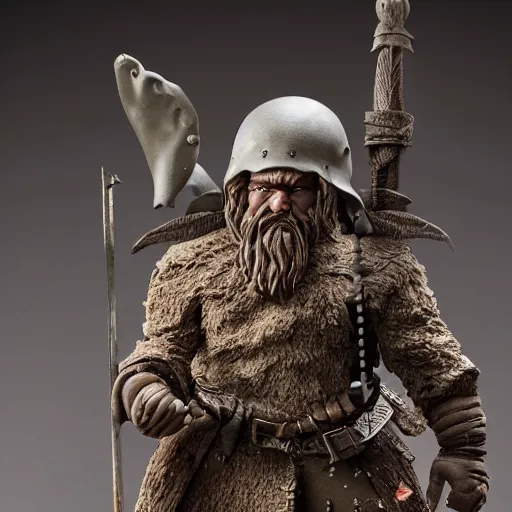 Prompt: high - res photograph of a claymation sculpture warrior dwarf, highly detailed sculpey diorama, by erwin olaf, smooth, sharp foccus, commercial photography, fashion shoot