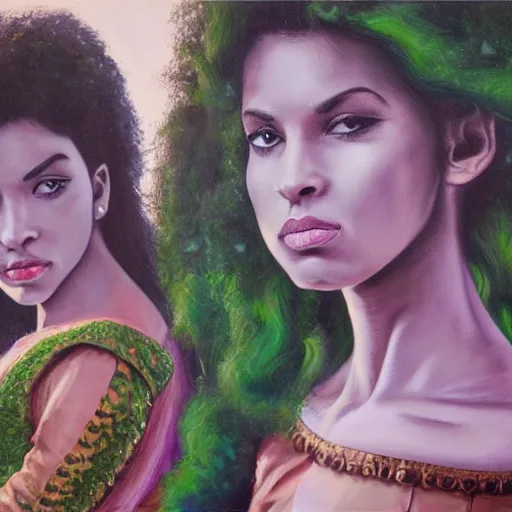 Image similar to a highly detailed painting. 1987-era Prince behind two beautiful twin sisters. Prince is green with jealousy. Photorealistic. Trending on Artstation.