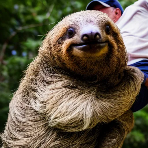 Prompt: portrait of an elderly man riding a sloth, canon eos r 3, f / 1. 4, iso 2 0 0, 1 / 1 6 0 s, 8 k, raw, unedited, symmetrical balance, wide angle