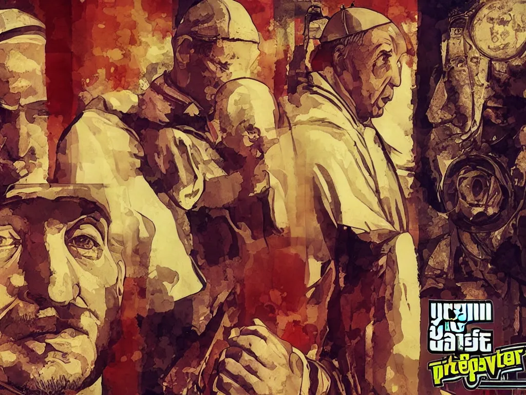 Prompt: pope francis digital art as the loading screen of GTA V, grand theft auto, golden hour lighting, graphic art,