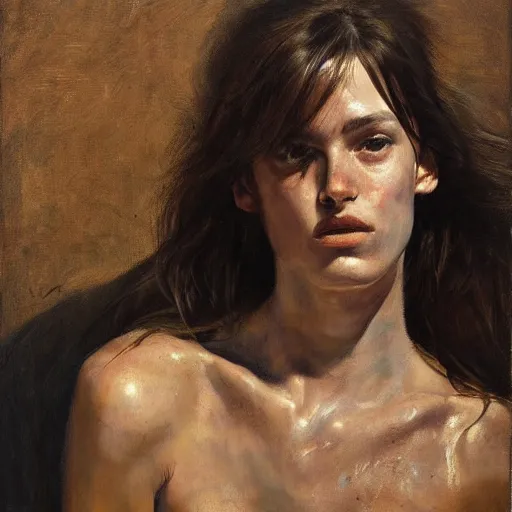 Prompt: model with long brown hair, guarded and introspective pose, atmospheric, beautiful light, painted by Jenny Saville, oil on canvas.