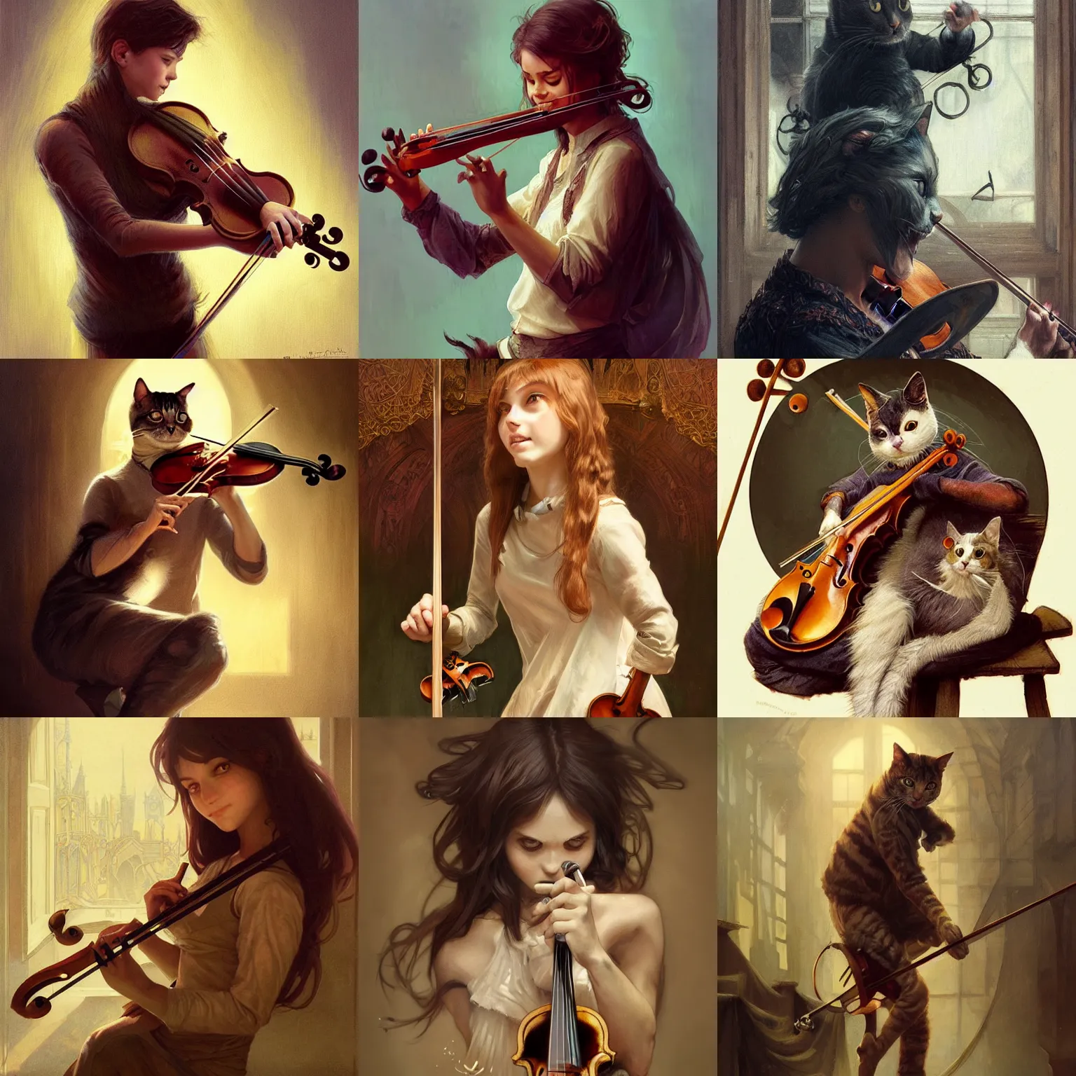 Prompt: a cat in ragged clothes playing the violin, creepy smile, D&D, fantasy, intricate, cinematic lighting, highly detailed, digital painting, artstation, concept art, smooth, sharp focus, illustration, art by Artgerm and Greg Rutkowski and Alphonse Mucha