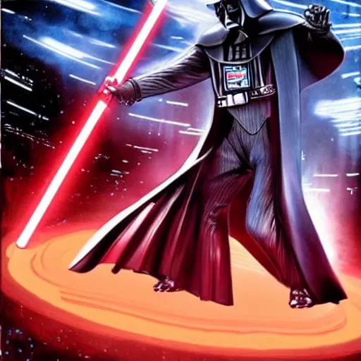 Image similar to saul goodman lightsaber duel with darth vader on the death star, highly detailed