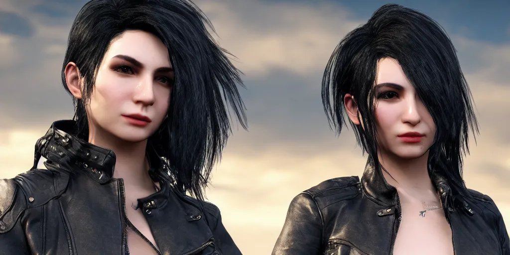 Prompt: a woman with black hair and a leather jacket with phoenix wings, character portrait, unreal engine 5, intricate, detailed, realistic, masterpiece