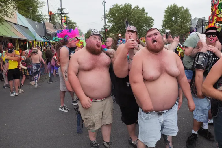 Image similar to pride party of fat racist rednecks, street photography, photojournalism