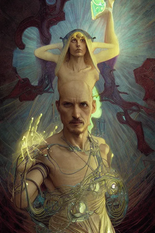 Image similar to a tarot card, a half man half machine, horror by agostino arrivabene and elegant intricate digital painting artstation concept art smooth sharp focus illustration, art by artgerm and greg rutkowski and alphonse mucha