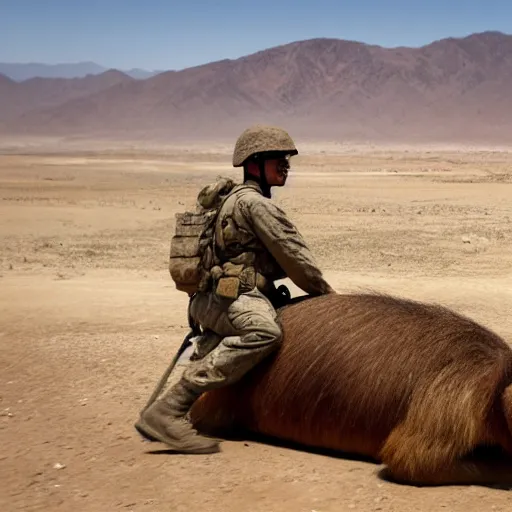 Prompt: cinematic shot of a u. s marine riding on the back of a giant capybara in afghanistan, 8 k, very detailed, very intricate,