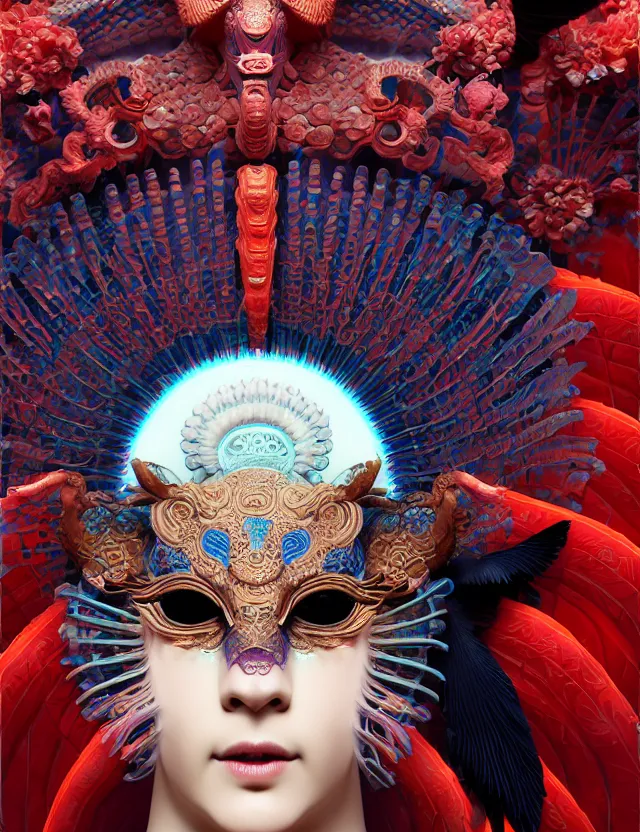 Image similar to 3 d goddess close - up frontal portrait with ram skull. beautiful intricately detailed japanese crow kitsune mask and clasical japanese kimono. betta fish, jellyfish phoenix, bio luminescent, plasma, ice, water, wind, creature, artwork by tooth wu and wlop and beeple and greg rutkowski