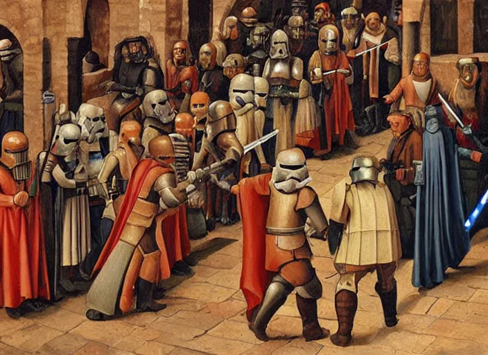 Image similar to medieval oil painting depicting star wars events, realistic, sharp, detailed