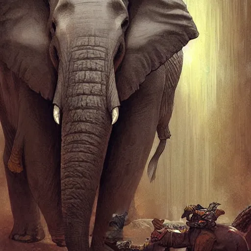 Prompt: Mystical elephant reading tarot cards, detailed, digital art, intricate, concept art, Greg Rutkowski, epic, fantasy