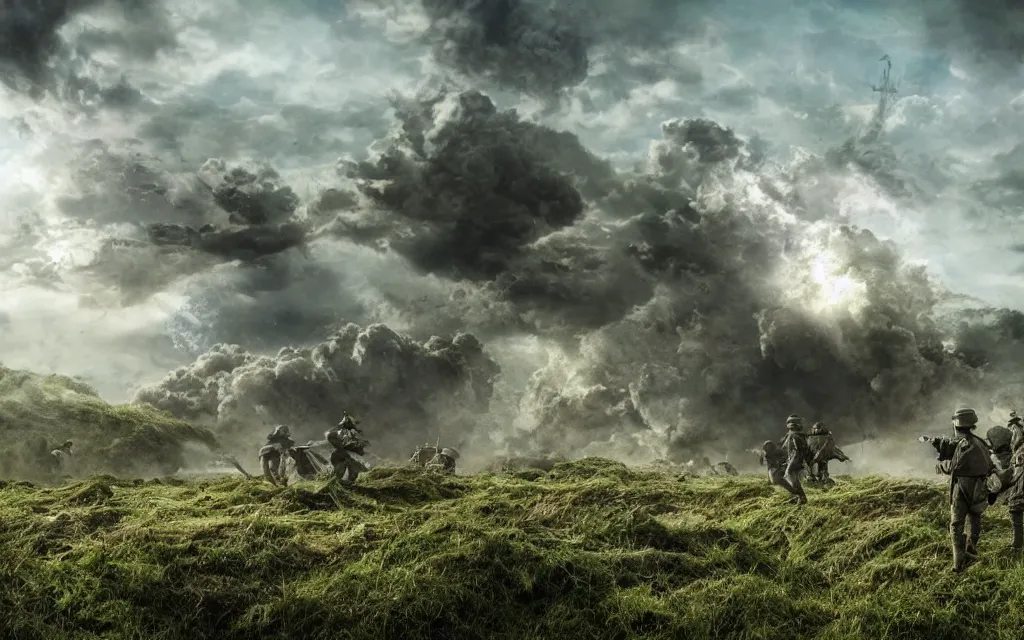 Image similar to fight ww 1, deep trenches with fortifications, natural landscape, green and blue tones, soldiers fighting against aliens from edge of tomorrow, realistic people, ground explosion in the background, alien mothership in the sky, hyper realistic, highly detailed, dramatic lighting, raytarced, god rays, 4 k, 8 k, art by artgem