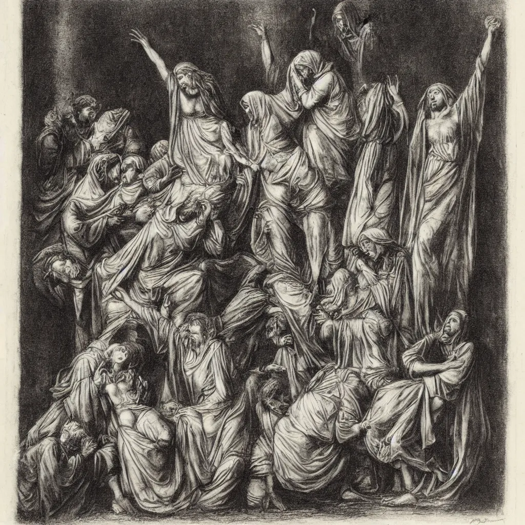 Image similar to a gustav dore etching of 3 maria's crying at the death of christ