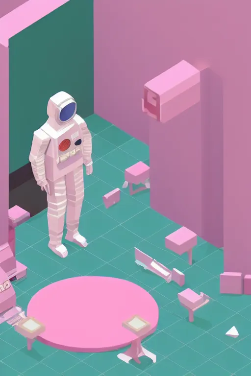 Image similar to A pastel pink low poly astronaut in an pastel green isometric room. .