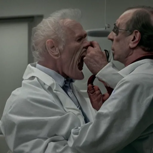 Prompt: a hyper detailed filmic wide shot 30mm color film photograph of a bundle of dangerous gorey shape shifting alien tendrils strangling and smothering a male 70-year-old doctor wearing a lab coat under dreary fluorescent lights in the style of an HD horror film still from 1982