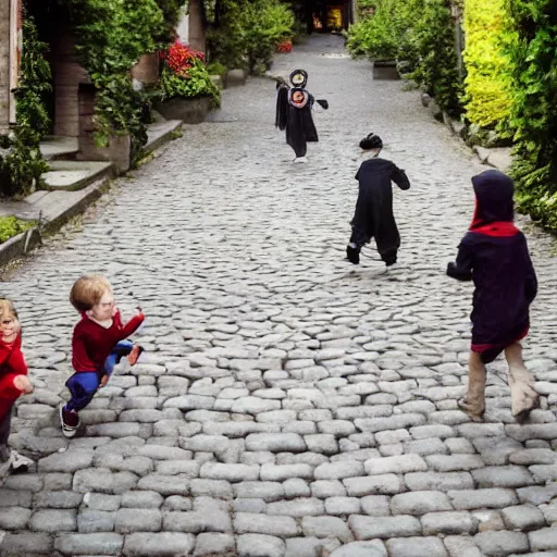 Image similar to spooky image of children playing in cobblestone street while spectral ghosts watch from above