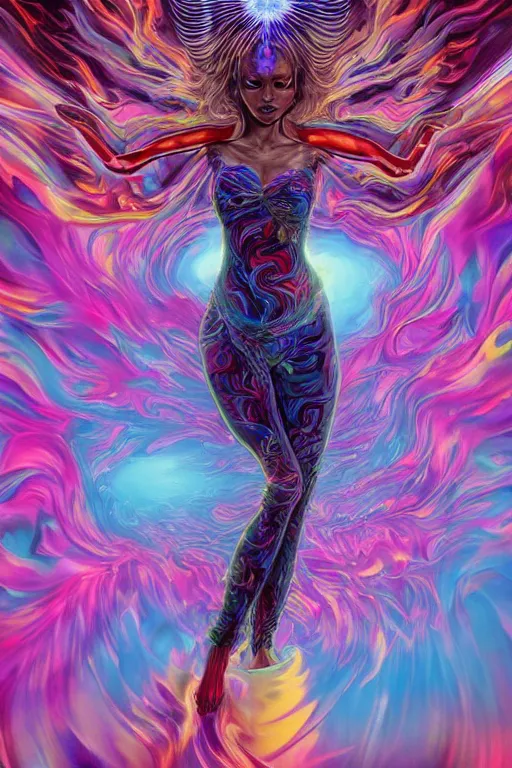 Image similar to overdetailed maximalist fullbody portrait of a beautiful female energy being transcending to her true form while floating over a surreal landscape. Made by oozium, inspired by silvio vieira, overpainted by loish. 8k 3d realistic render. Bright, sacred, spiritual, dawn, backlit, calm, relaxed, dynamic, ethereal, arcane, intricate, mysterious, dramatic, cinematic. Seen from below. Overpaint by phazed and erica robin. Artstation, deviantart, vagallery.com