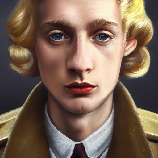 Image similar to A Hearts of Iron IV portrait of a blond young German actor with high cheekbones. Good bone structure. Dressed in 1940s style. Highly detailed, fine Art, high detail, great lighting, 8k resolution, masterpiece, concept art, illustration, clear eyes, painting oil on canvas, octane render, HDR, trending on artstation, 4k, 8k, HD