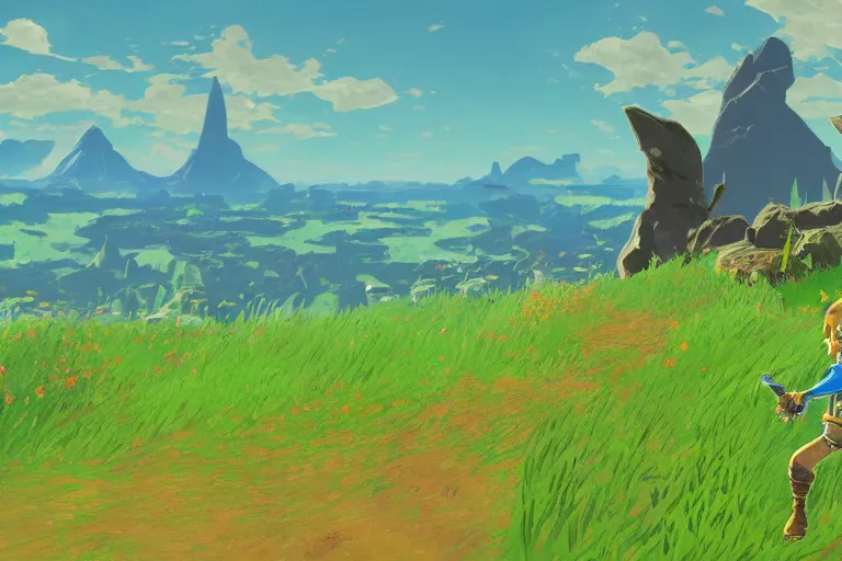 Prompt: detailed scenery from the legend of zelda breath of the wild, breath of the wild art style, 4 k.