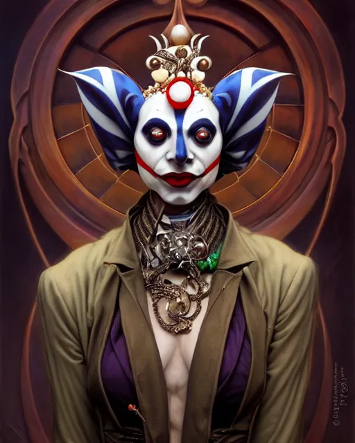 Prompt: front shot of a jester harlequin mastermind character, intricate, elegant, highly detailed, centered, (((artstation, concept art, smooth, sharp focus, artgerm, Tomasz Alen Kopera, Peter Mohrbacher, donato giancola, Joseph Christian Leyendecker, WLOP, Boris Vallejo))), mugshot!!!!!, ugly!!!!!!, octane render, nvidia raytracing demo, grainy, muted