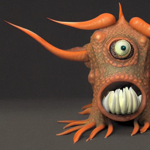 Image similar to a repulsive lonely-looking animal-like creature with rough unusual coloured tentacled skin, a long snout and bulging eyes, ultra realistic 3d render with shadow