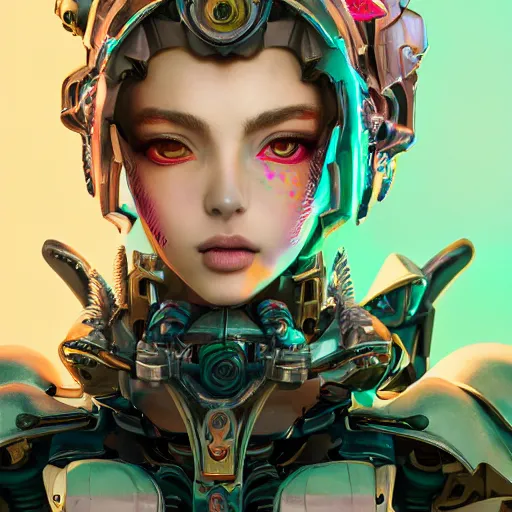 Image similar to studio portrait of lawful good colorful female holy mecha paladin absurdly beautiful, elegant, young sensual graceful woman, ultrafine hyperrealistic detailed face illustration by kim jung gi, irakli nadar, intricate linework, sharp focus, bright colors, matte, octopath traveler, final fantasy, unreal engine highly rendered, global illumination, radiant light, intricate environment