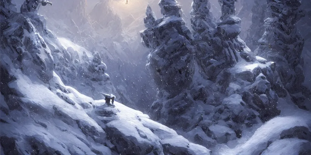 Image similar to a powerful wizard casting a spell on a snowy mountain top, greg rutkowski, 8 k, shallow depth of field, intricate detail, concept art,