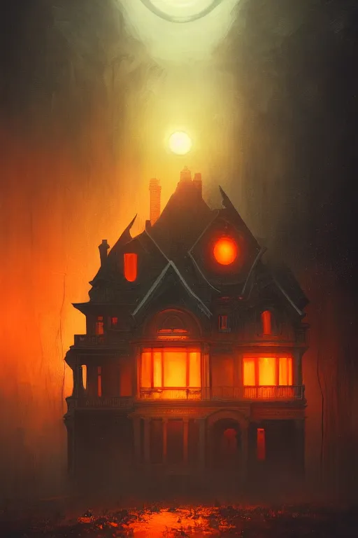 Prompt: A Victorian House of The Void with glowing orange eyeballs staring out from the windows, Red and Orange colored, Lovecraftian, 4k, masterpiece, cinematic, by Greg Rutkowski, Trending on Artstation, Behance. Polished, Volumetric Lighting