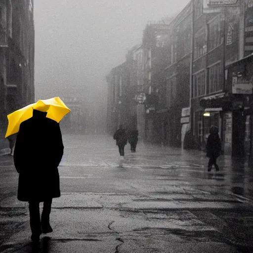 Image similar to A dramatic portrait of a man wearing yellow rain coat , holding red umbrella , walking in a black and white street . Cinematic lighting