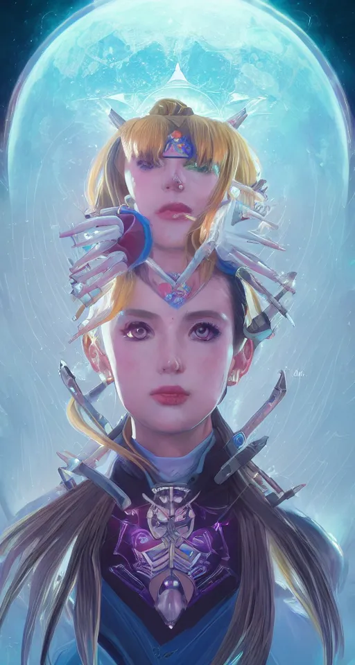 Image similar to symmetry!! portrait of sailor moon! alien in the style of horizon zero dawn, machine face, intricate, elegant, highly detailed, digital painting, artstation, concept art, smooth, sharp focus, illustration, art by artgerm and greg rutkowski and alphonse mucha, 8 k