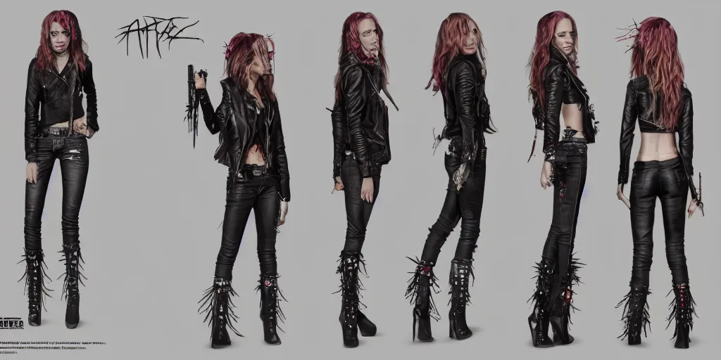 Image similar to halston sage as a punk rocker, character sheet, concept design, contrast, hot toys, kim jung gi, greg rutkowski, zabrocki, karlkka, jayison devadas, trending on artstation, 8 k, ultra wide angle, pincushion lens effect