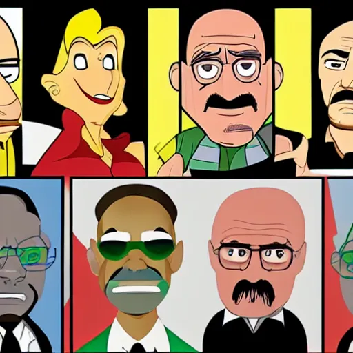 Image similar to cast of breaking bad as disney cartoon characters 4 k