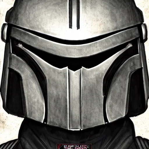 Image similar to a mix between predator and a mandalorian, symmetrical concept art close up